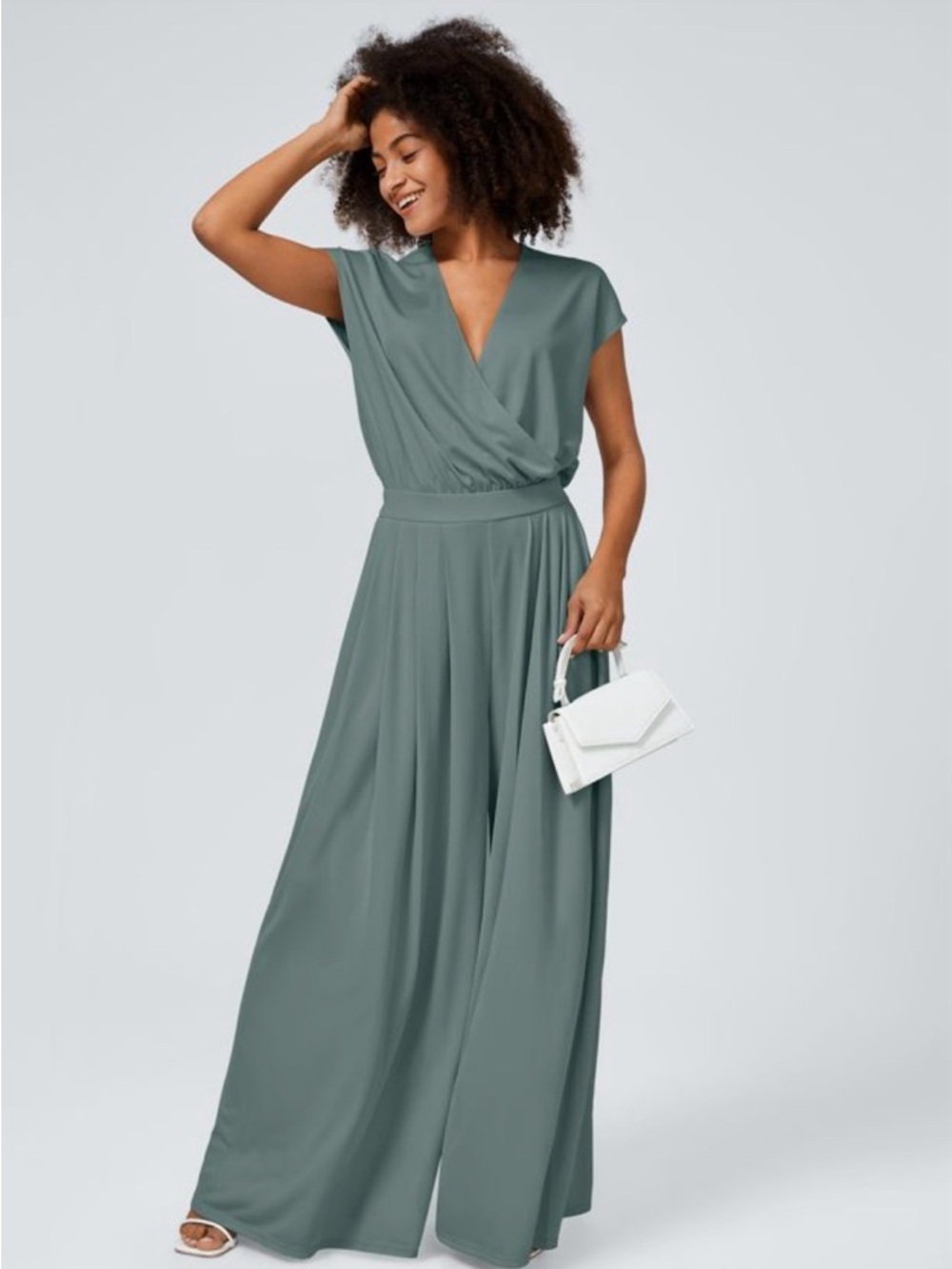 NWT HALARA V Neck Short Sleeve Pocket Wide Leg Flowy Waffle Jumpsuit. Large